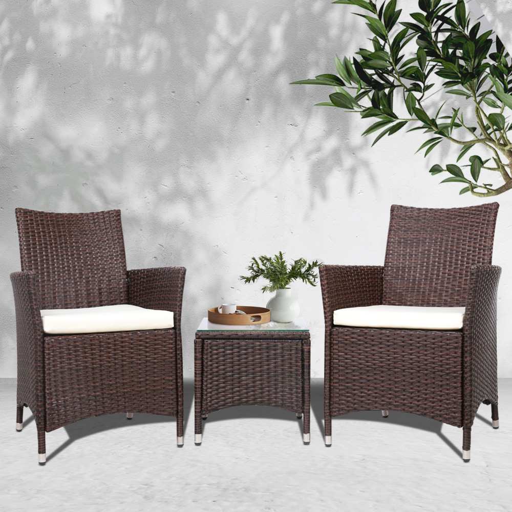 ODF-BISTRO-RATTAN-BR-202502281614-00 Gardeon 3PC Outdoor Bistro Set Patio Furniture Wicker Setting Chairs Table Cushion Brown - Image 1