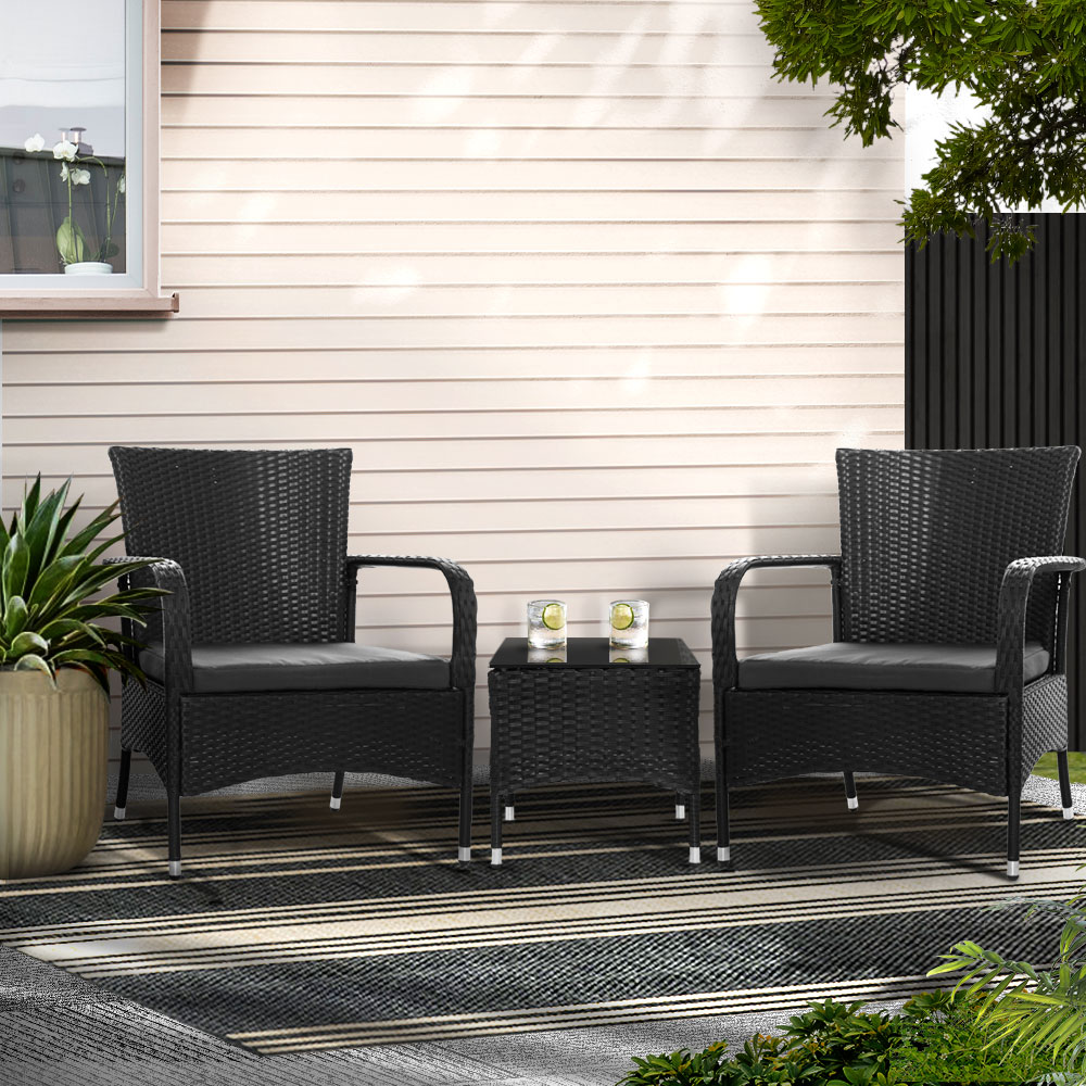 ODF-BISTRO-RATTAN-XL-BK-202502281614-00 Gardeon 3PC Outdoor Bistro Set Patio Furniture Wicker Setting Chairs Table Luca - Image 1