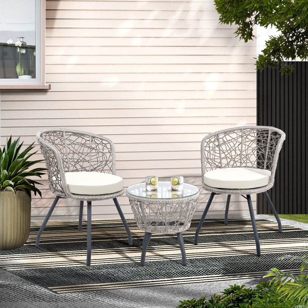 ODF-BISTRO-ROUND-GE-202502281616-00 Gardeon 3PC Bistro Set Outdoor Furniture Rattan Table Chairs Patio Garden Cushion Grey - Image 1