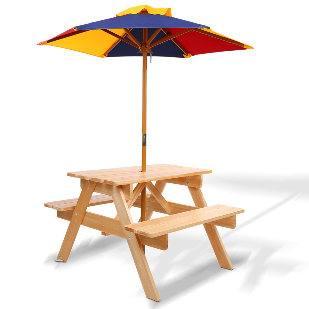 ODF-KID-PICNIC-UM-NW-00 Keezi Kids Wooden Picnic Table Set with Umbrella - Image 1