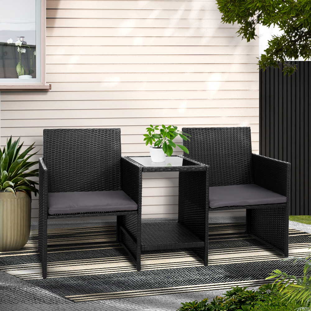 ODF-LOVESEAT-S-BK-202502281626-00 Gardeon Outdoor Setting Wicker Loveseat Birstro Set Patio Garden Furniture Black - Image 1