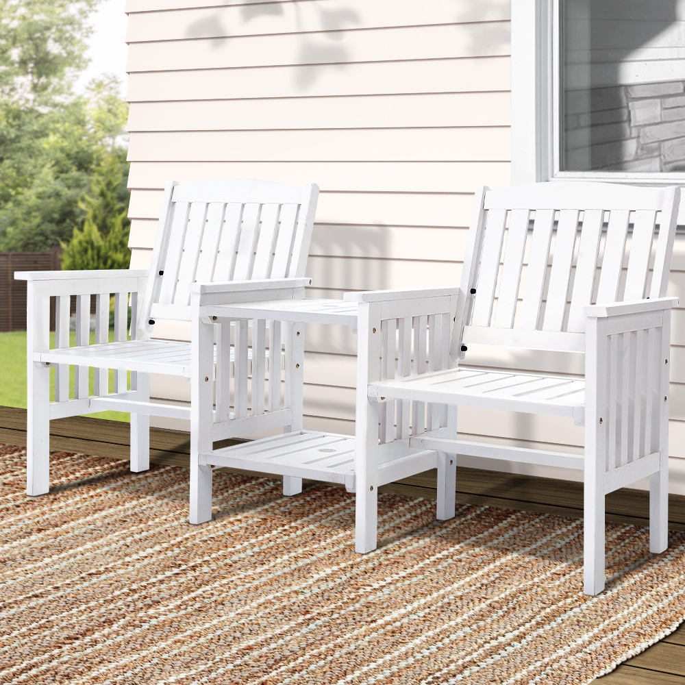 ODF-LOVESEAT-WH-17009-07 Gardeon Outdoor Garden Bench Loveseat Wooden Table Chairs Patio Furniture White - Image 1