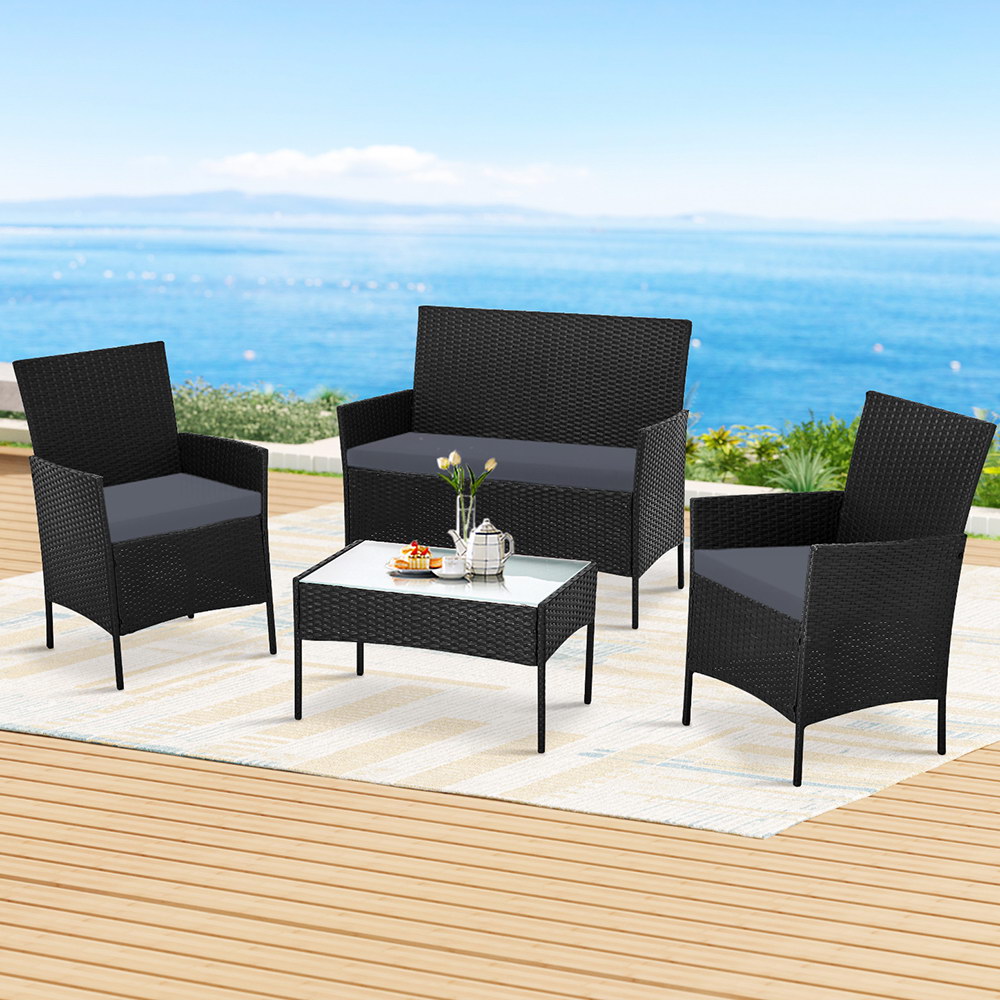 ODF-PATIO-17007-BK-AB-14584-07 Gardeon 4 Seater Outdoor Sofa Set Wicker Setting Table Chair Furniture Black - Image 1