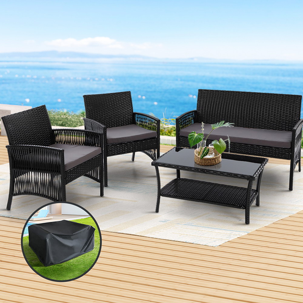 ODF-RATTAN-HARP-BK-AB-COVER-53227-06 Gardeon 4PCS OutdoorSofa Set with Storage Cover Wicker Harp Chair Table Black - Image 1