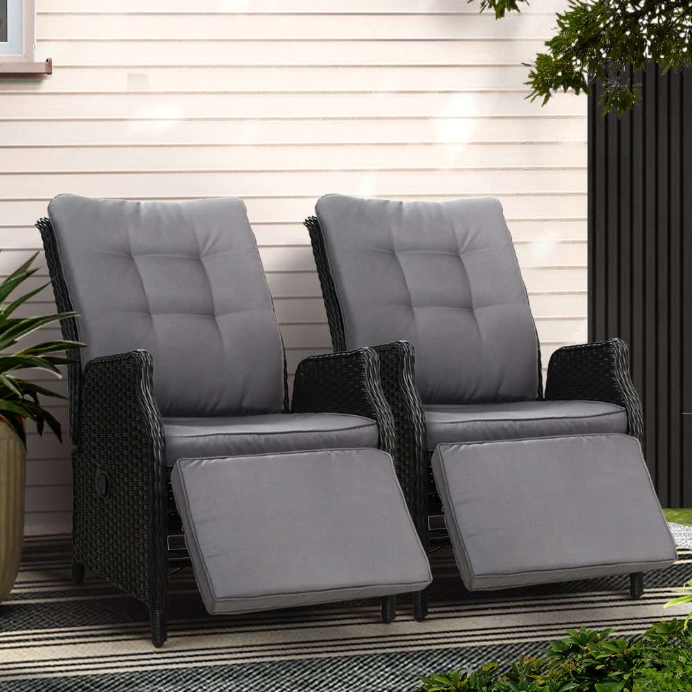 ODF-RCL-RW-FT-BKX2-202502281628-00 Gardeon 2PC Recliner Chairs Sun lounge Wicker Lounger Outdoor Furniture Adjustable Black - Image 1