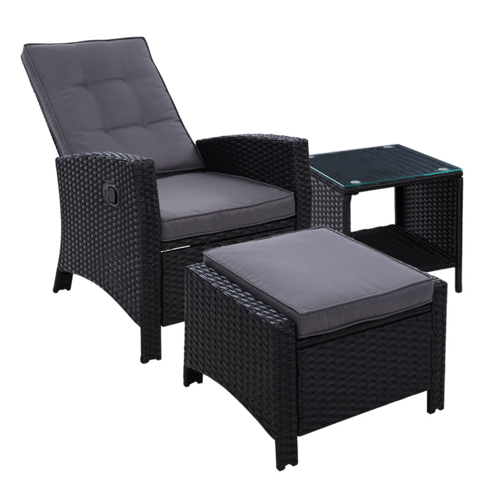 ODF-RECLINER-CHOTTB-3BK-00 Gardeon 3PC Recliner Chairs Table Sun lounge Wicker Outdoor Furniture Adjustable Black - Image 1