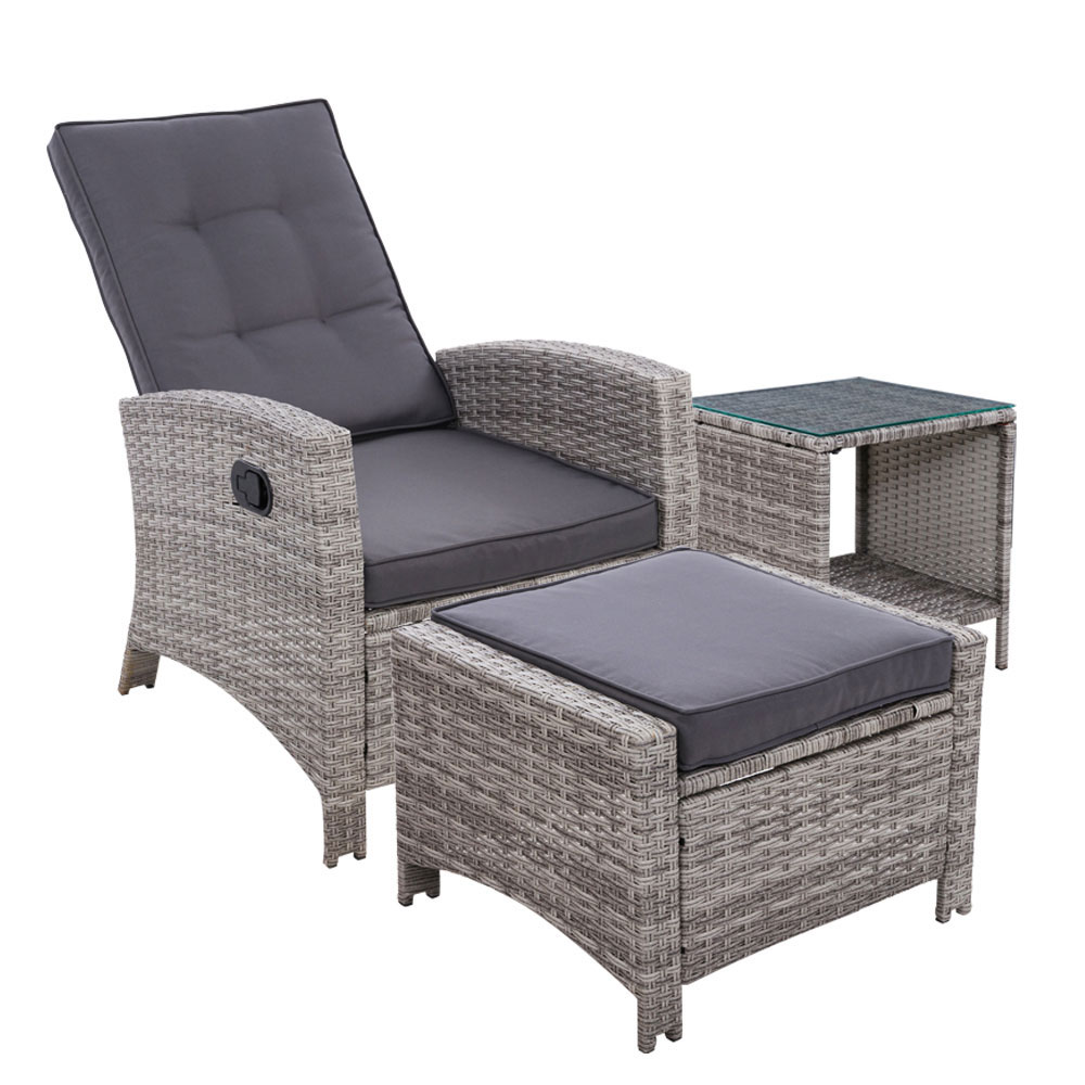 ODF-RECLINER-CHOTTB-3GE-00 Gardeon 3PC Recliner Chairs Table Sun lounge Wicker Outdoor Furniture Adjustable Grey - Image 1