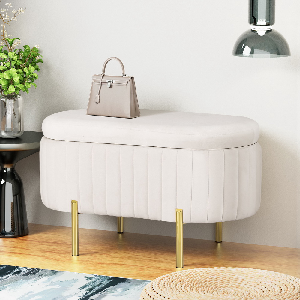 OTM-OVL-02-VEL-WH-185587-04 Artiss Storage Ottoman Blanket Box 87cm Velvet Oval White - Image 1