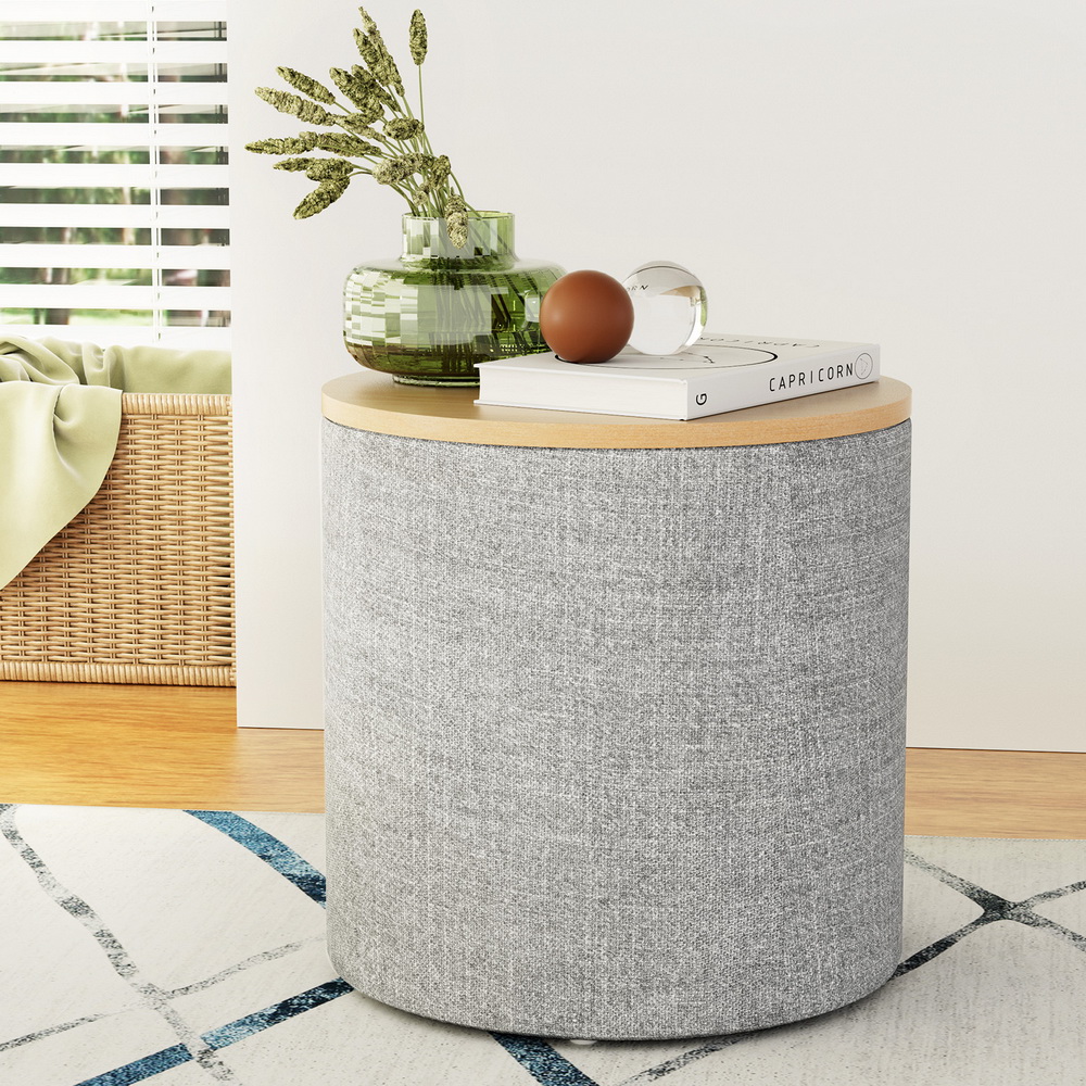 OTM-ROUND-01-L40-GY-186249-06 Artiss Storage Ottoman Blanket Box 40cm Linen Round Grey - Image 1