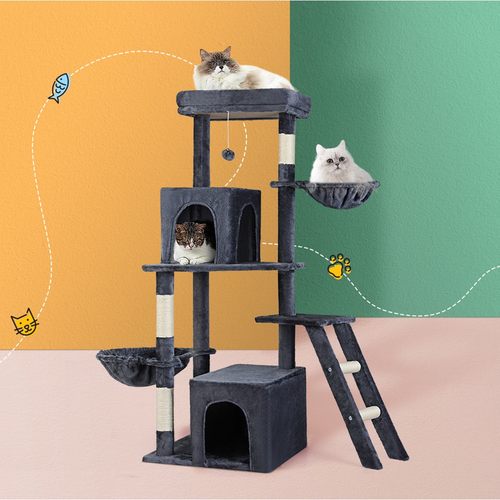 PET-CAT-M138-GR-139412-06 i.Pet Cat Tree Tower Scratching Post Scratcher 138cm Trees Condo House Grey - Image 1