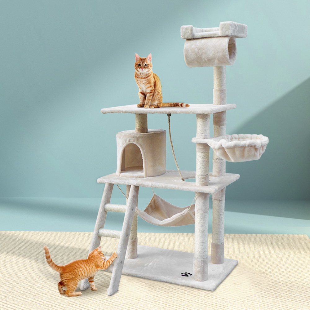 PET-CAT-PCT63-BE-5076-07 i.Pet Cat Tree 141cm Tower Scratching Post Scratcher Condo Wood House Bed Beige - Image 1