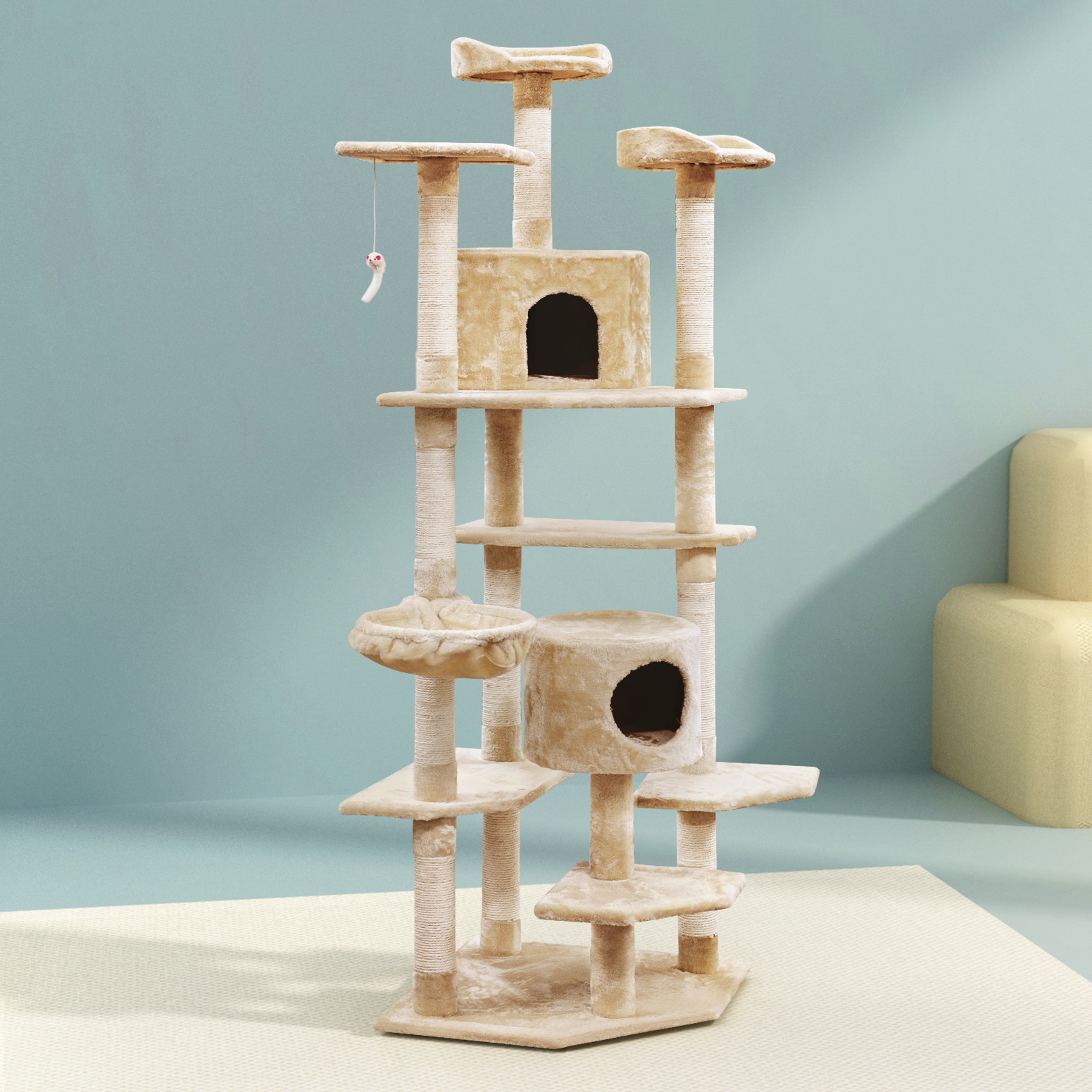 PET-CAT-PCTOP-BE-5525-07 i.Pet Cat Tree 203cm Tower Scratching Post Scratcher Condo Trees House Bed Beige - Image 1