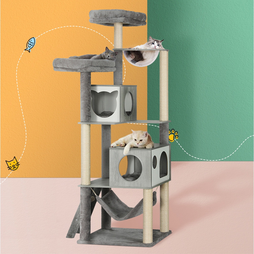PET-CAT-WOOD03-GR-AB-139205-06 i.Pet Cat Tree 178cm Tower Scratching Post Scratcher Wood Bed Condo House Wooden Ladder - Image 1