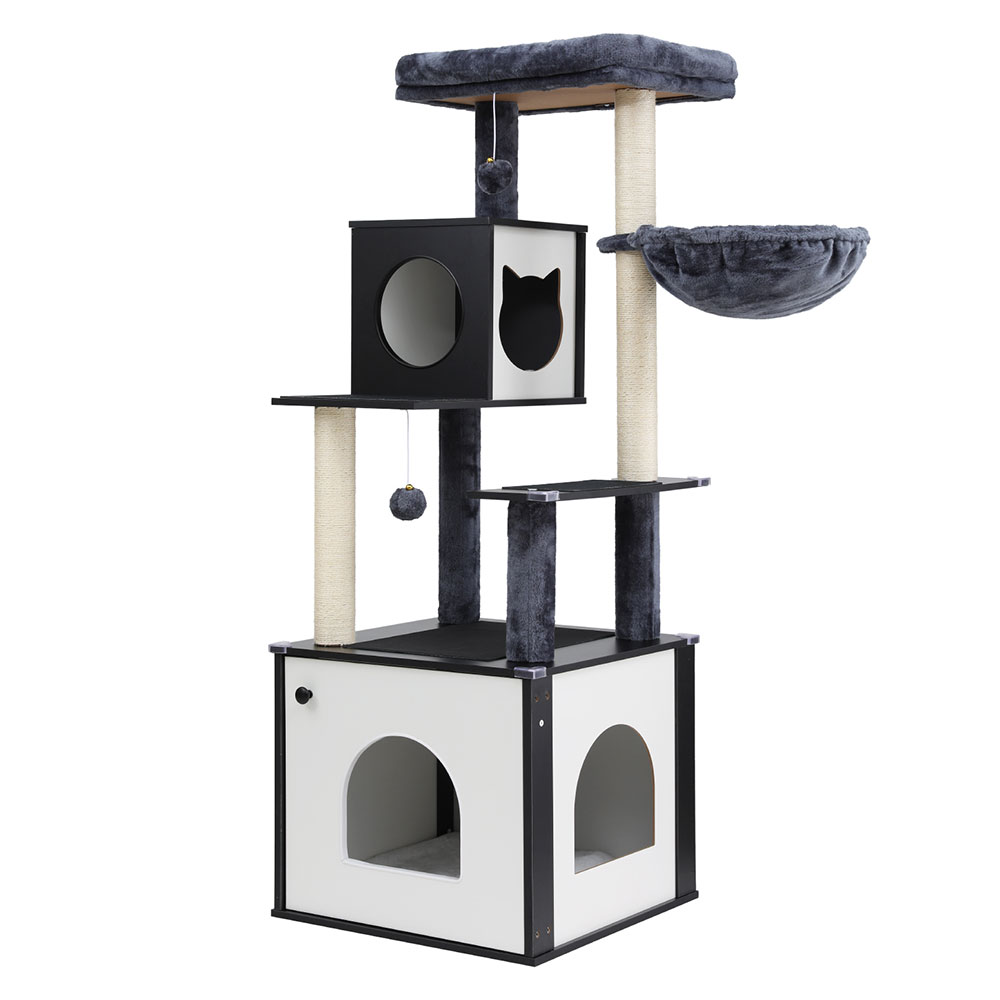 PET-CAT-WOOD144-BK-190114-00 i.Pet Cat Tree Tower Scratching Post Scratcher 144cm Wood Bed Condo House Cabinet - Image 1