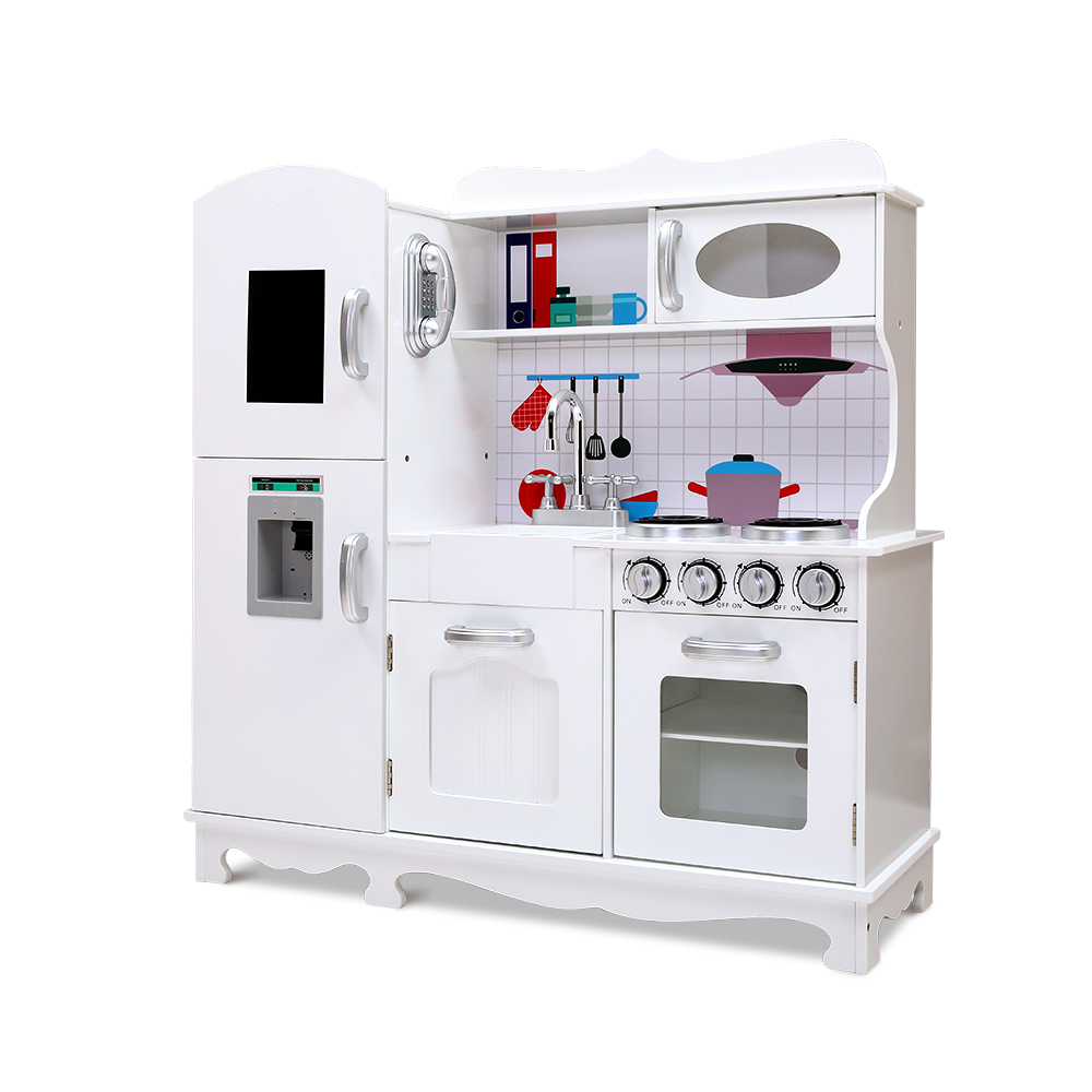 PLAY-WOOD-DISPENSER-WH-00 Keezi Kids Kitchen Play Set Wooden Pretend Toys Cooking Children Storage White - Image 1