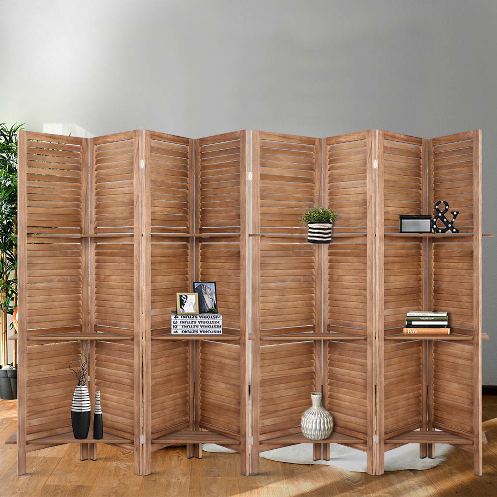 RD-B-0590-8P-BR-202502281406-00 Artiss 8 Panel Room Divider Screen 326x170cm Shelf Oak - Image 1