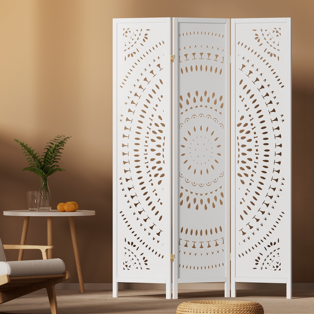 RD-HLW02-3P-WH-150730-06 Artiss 3 Panel Room Divider Screen 132x170cm Circle White - Image 1