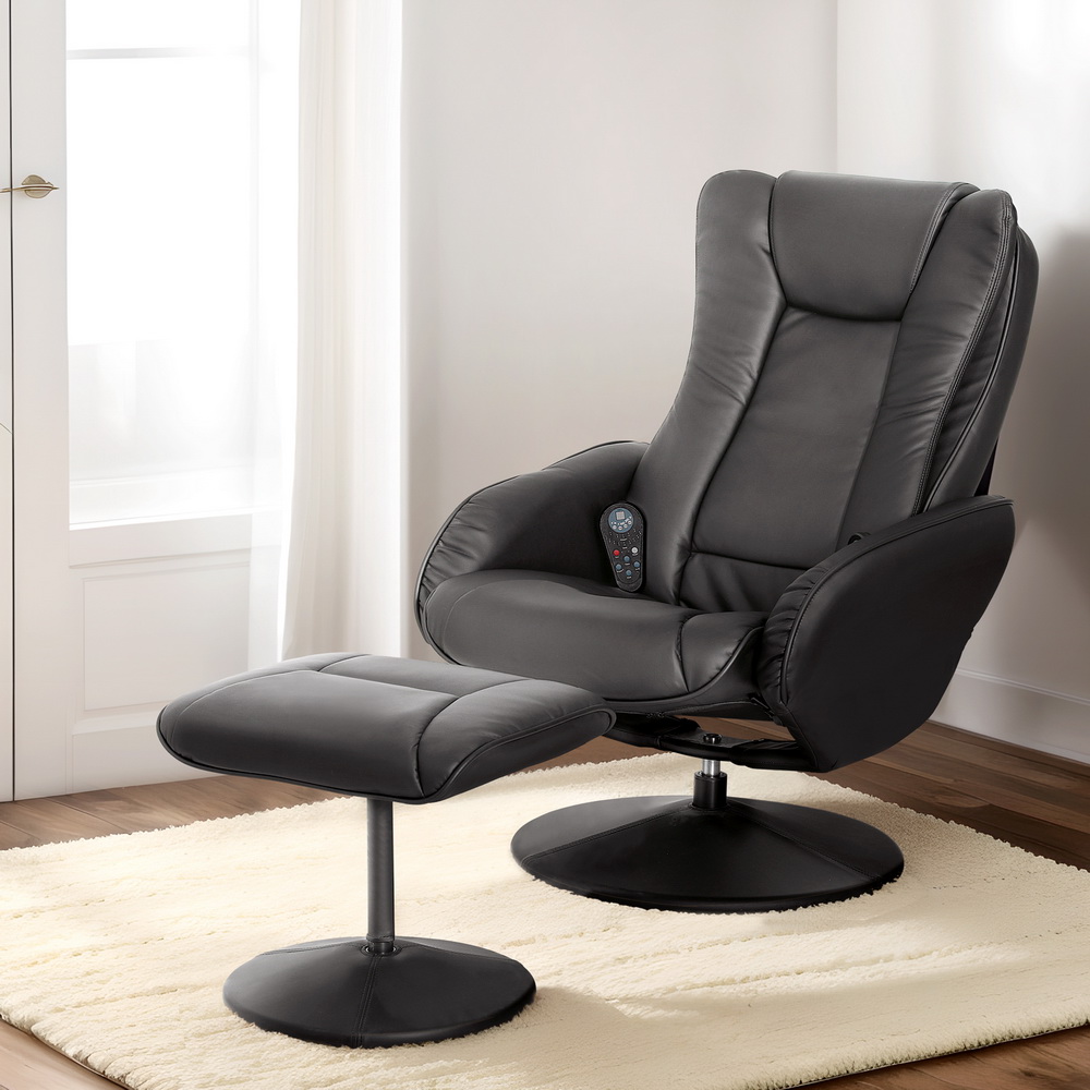 RECLINER-A14-PU-BK-150740-06 Artiss Recliner Chair Ottoman Heated Massage Black - Image 1