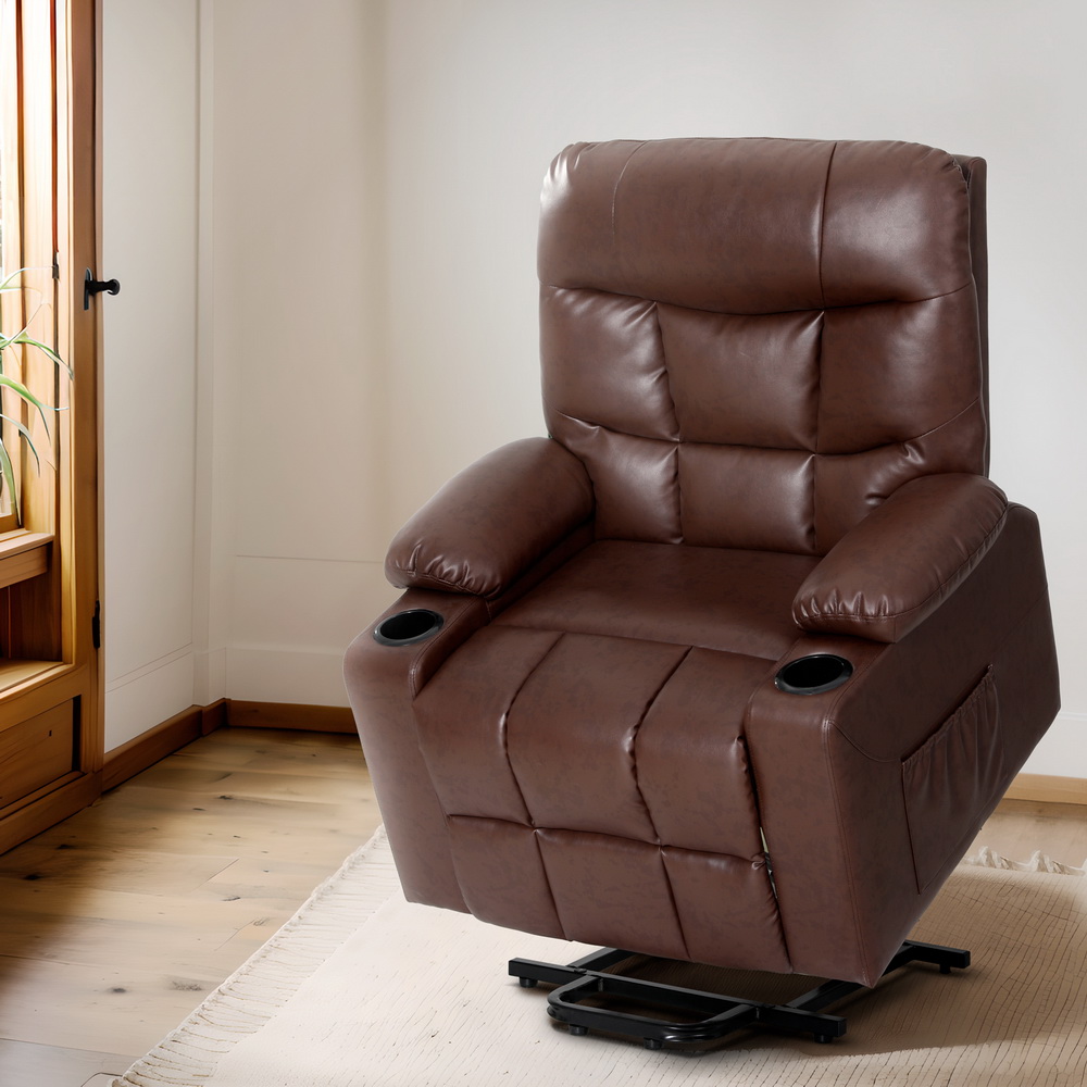 RECLINER-A16-PU-BR-150731-06 Artiss Recliner Chair Lift Assist Heated Massage Chair Leather Claude - Image 1