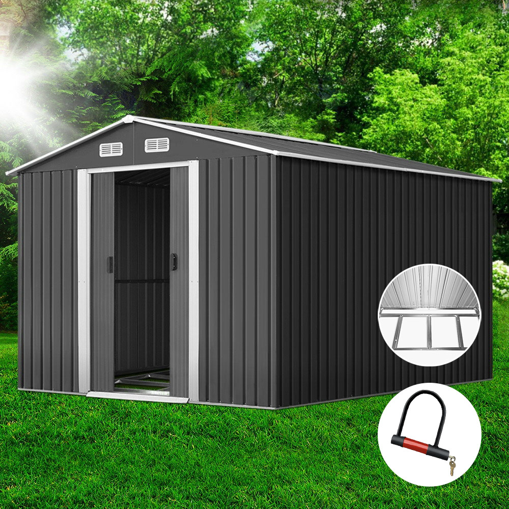 SHED-GAB-12X8X6-BS-ABC-202502281814-00 Giantz Garden Shed 2.6x3.9M w/Metal Base Sheds Outdoor Storage Workshop Tool Shelter Sliding Door - Image 1