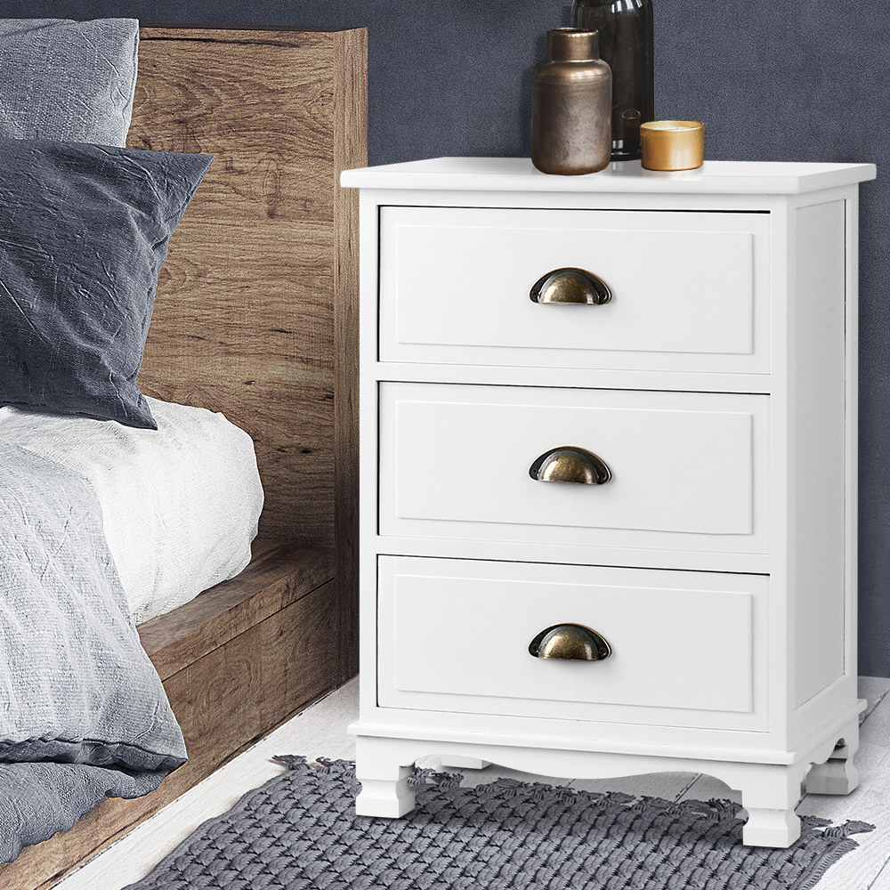 ST-CAB-B-3D-WH-202502281242-00 Artiss Bedside Table 3 Drawers Vintage - THYME White - Image 1