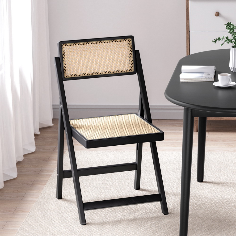 UPHO-C-DIN-01-RAT-BK-190328-06 Artiss Dining Chair Wooden Rattan Foldable Black - Image 1