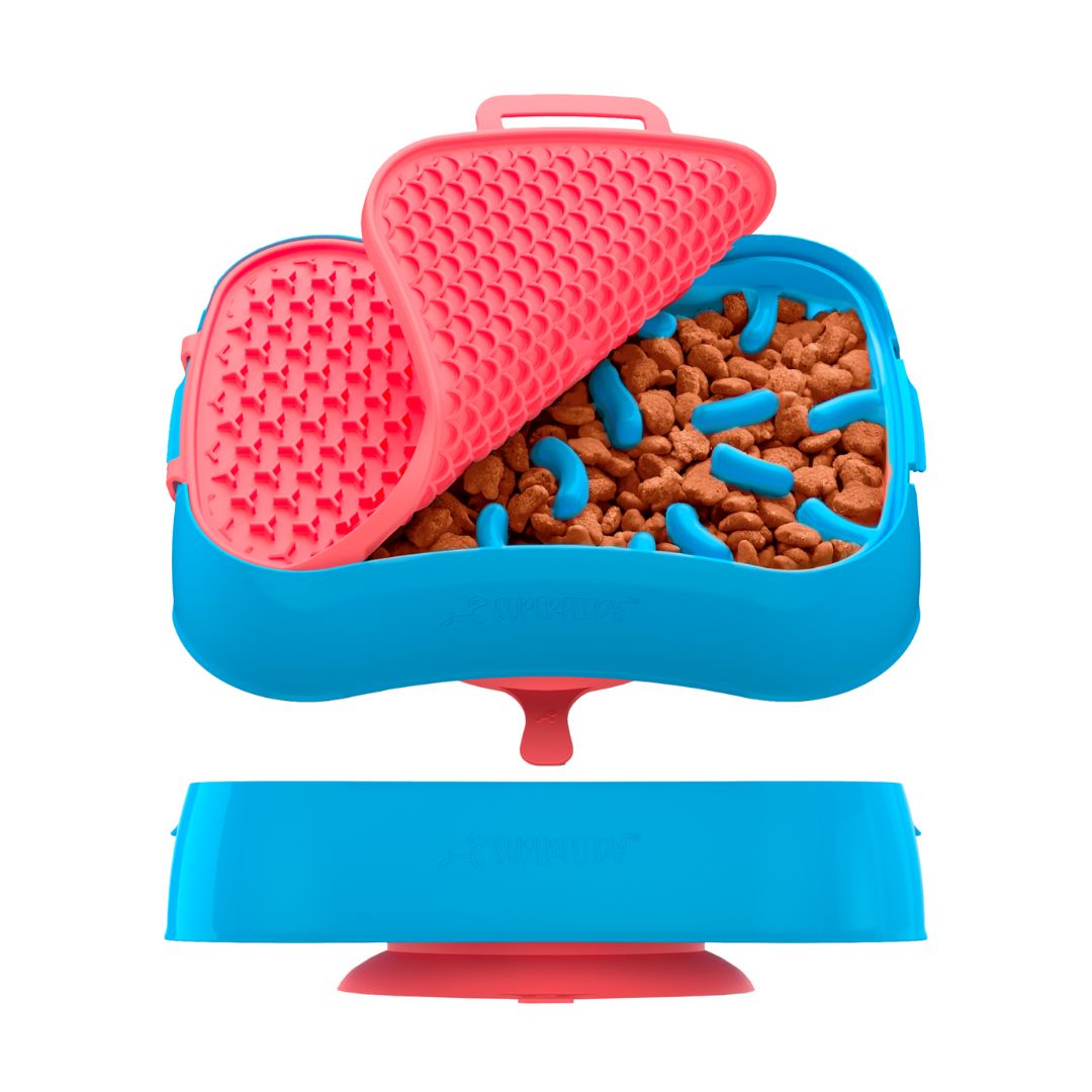 V1023-SF-4IN1-BL-202505081121-00 4-in-1 Slow Feeder Dog Bowl - Blue Bowl and Warm Ocean Red Lickmat - Image 1