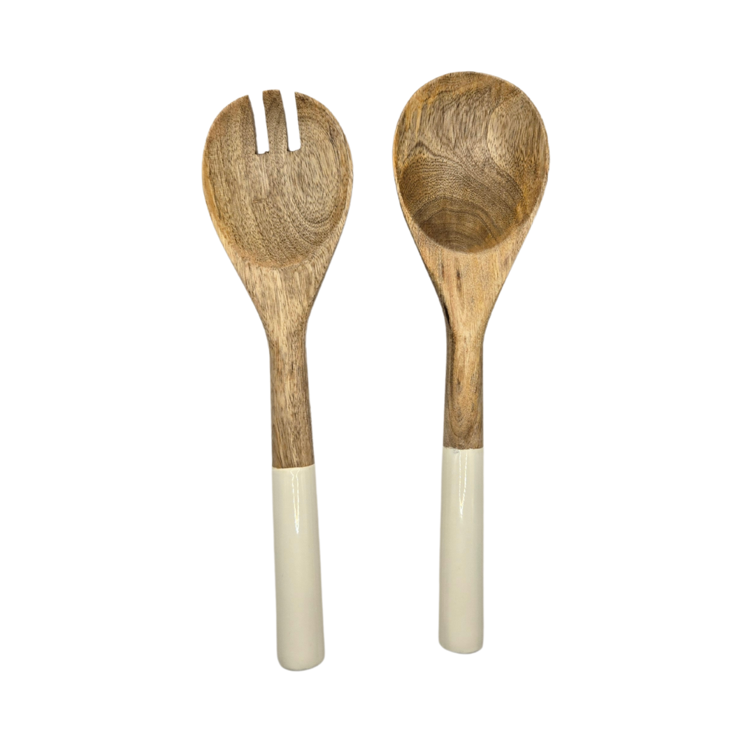 V1026-KLCHH24261-202507031635-00 Handcrafted Mango Wood & Enamel Salad Server Set - Sustainable Serving Utensils - Image 1