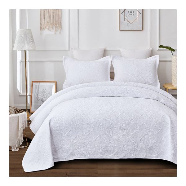 V107-60500KS-197566-00 Antique White 100% Cotton Quilted 3 pcs Bedspread Coverlet Set King Single - Image 1