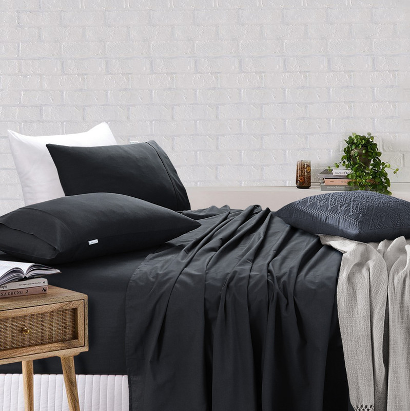 V107-SBCHRSS-61428-00 Elan Linen 100% Egyptian Cotton Vintage Washed 500TC Charcoal Single Bed Sheets Set - Image 1