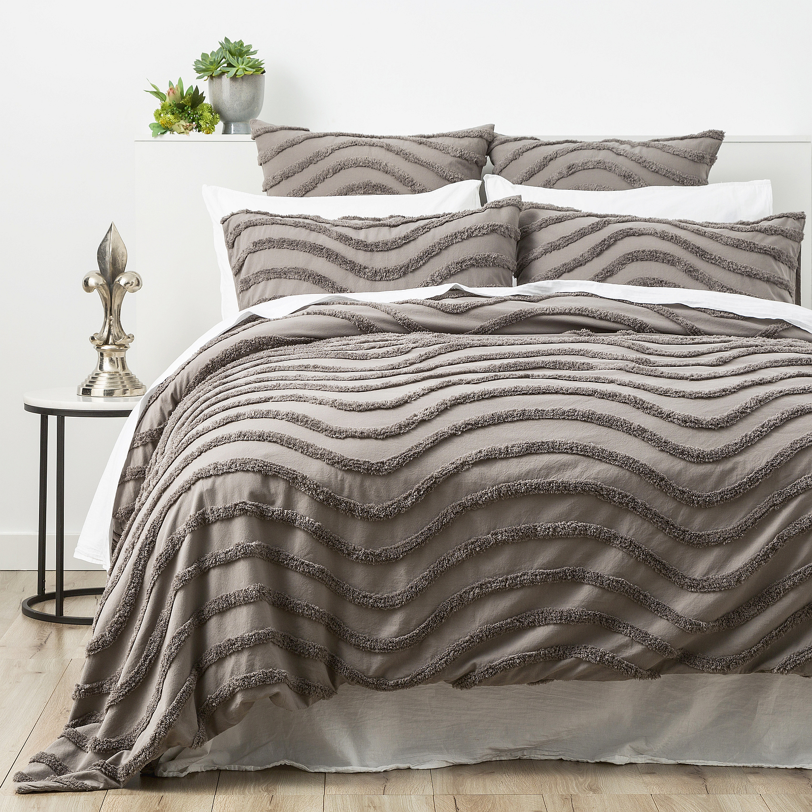 V107-SH312930-196698-00 Chenille Wave 100% Cotton Vintage Washed Grey Tufted Quilt Cover Set by Cloud Linen Queen - Image 1
