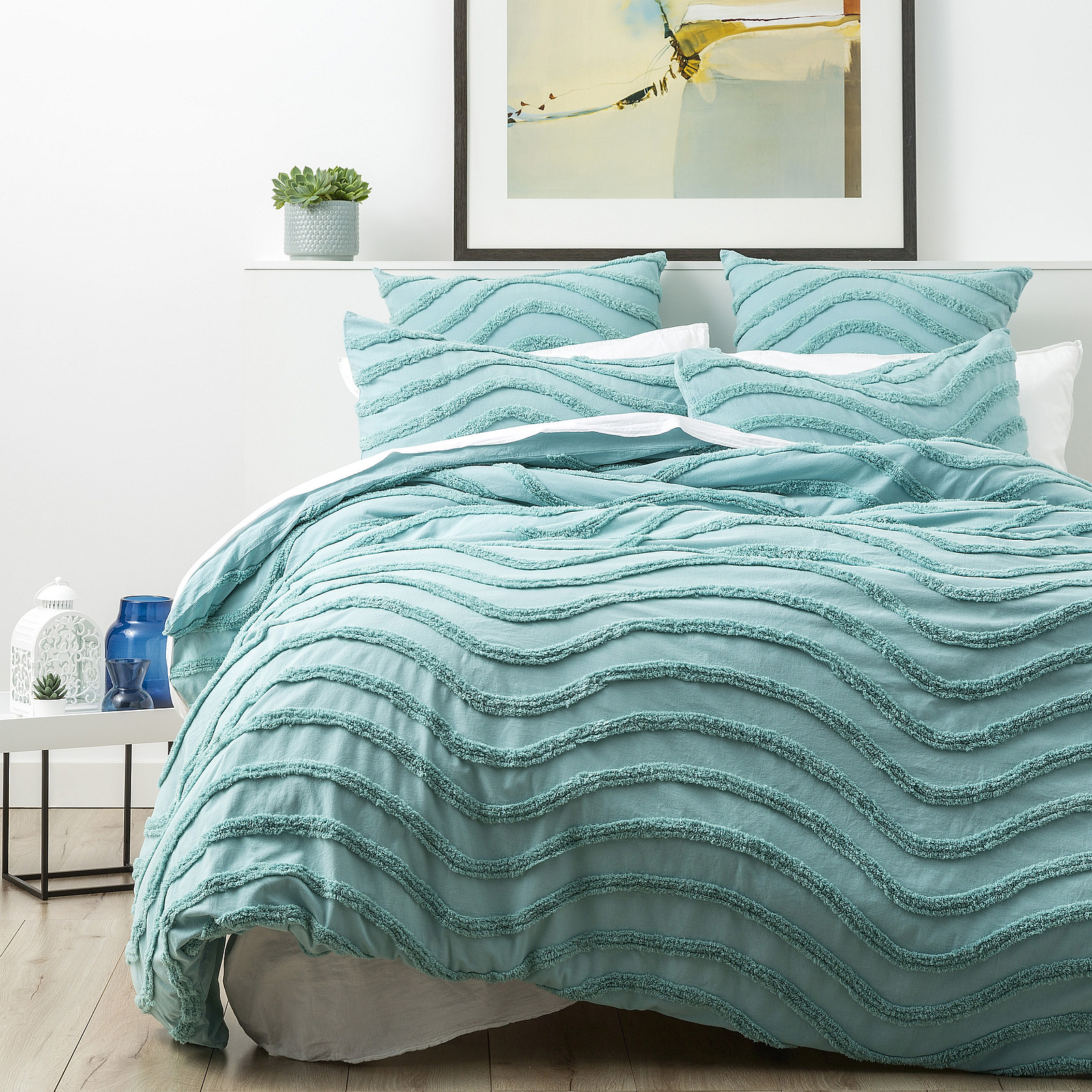V107-SH312935-196708-00 Chenille Wave 100% Cotton Vintage Washed Aqua Tufted Quilt Cover Set by Cloud Linen Queen - Image 1