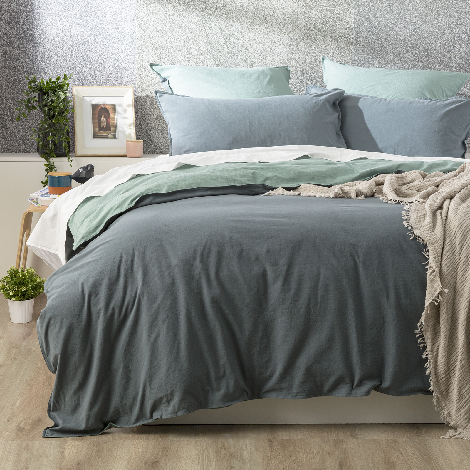 V107-SH320710-195802-00 Essentials Vintage Stone Washed Reversible Mineral Quilt Cover Set by Renee Taylor King - Image 1