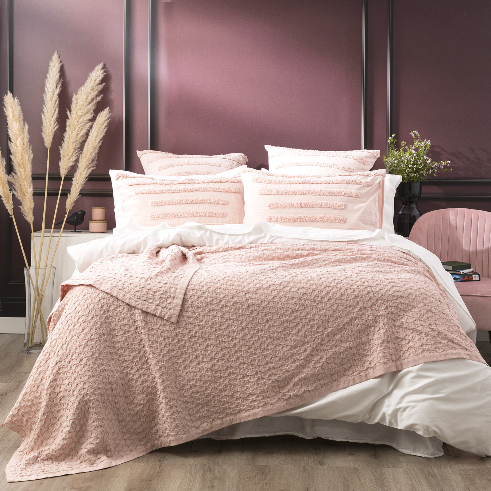 V107-SH321225-195726-00 Lexico Cotton Waffle Rose Blankets by Renee Taylor Queen/King - Image 1