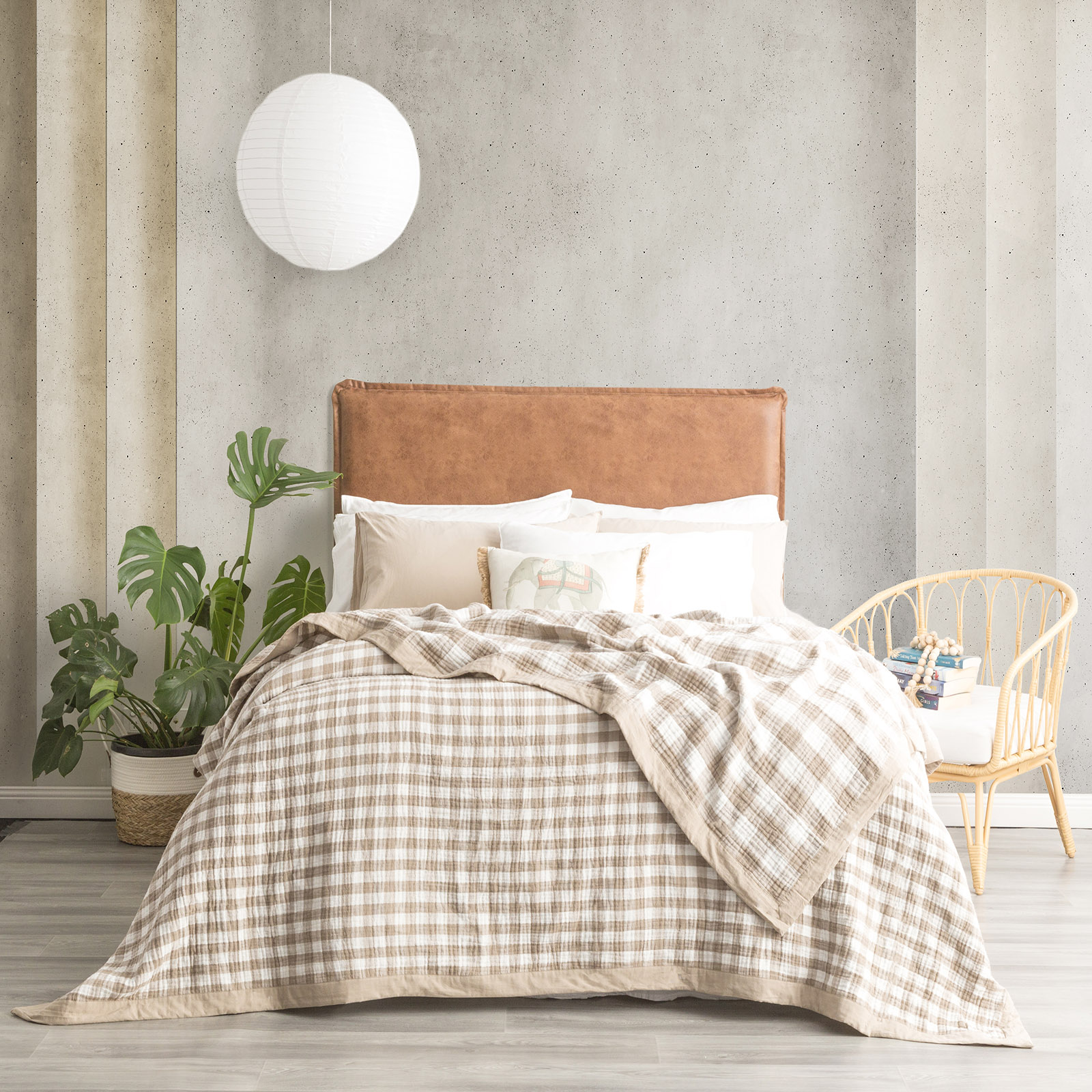 V107-SH323655-196844-00 Gingham Washed Cotton Yarn Dyed Revesible Textured Tan Blanket by Renee Taylor Queen/King - Image 1