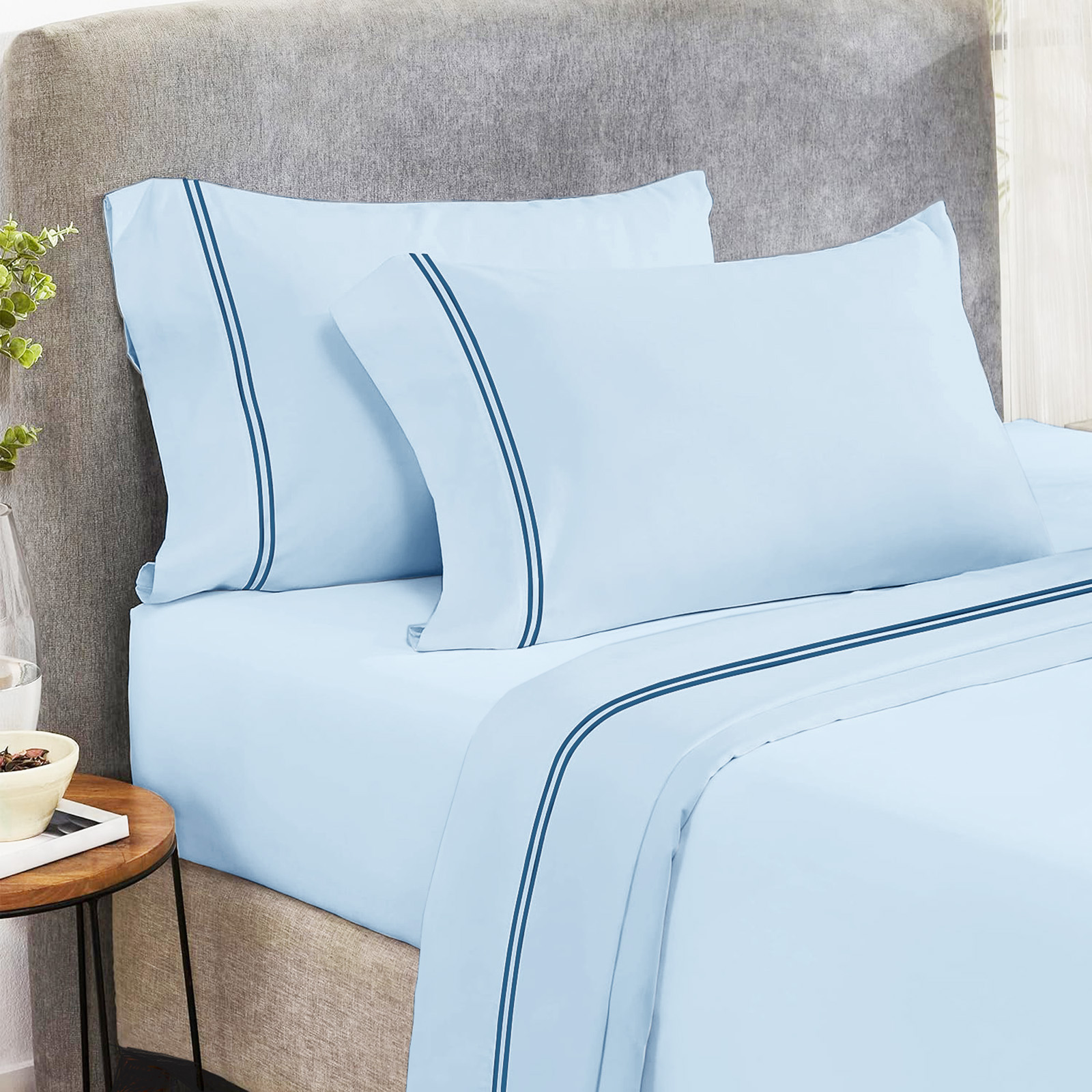 V107-SH328215-217015-00 Strada Embroidered 1000 TC Egyptian Cotton Sky Navy Super King Sheet sets by Renee Taylor - Image 1