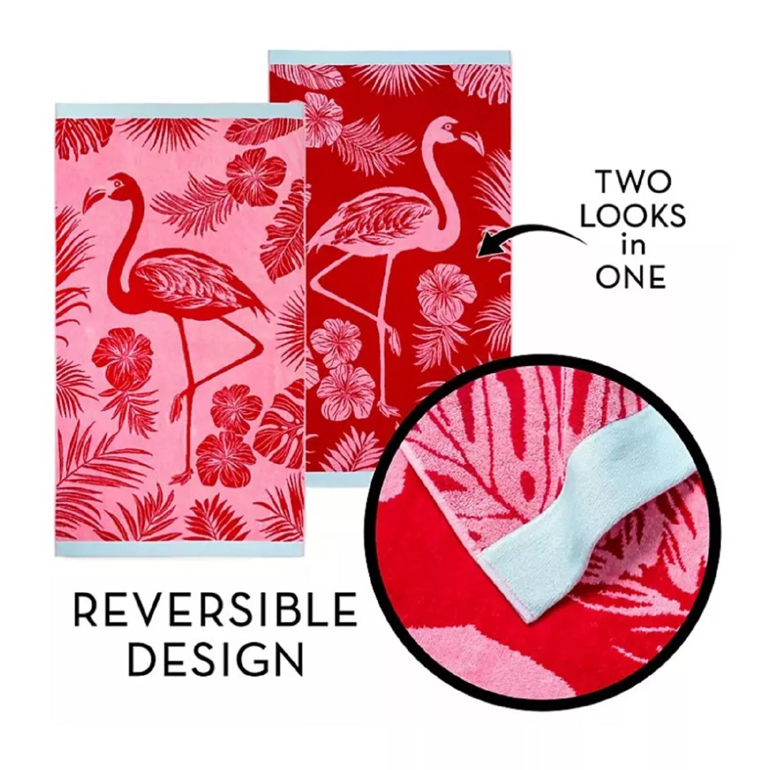 V107-SH328640-216972-00 Renee Taylor 2 Pack Jacquard Velour Large Beach Towel 100 x 180 cms Pink Flamingo - Image 1