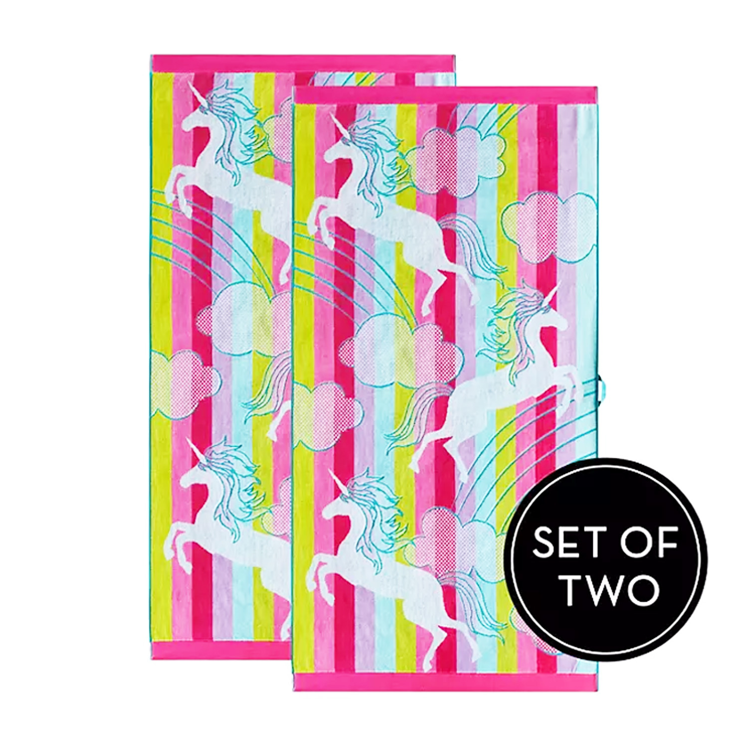 V107-SH328720-216987-00 Renee Taylor 2 Pack Jacquard Velour Kids Beach Towel 75 x 150 cms Unicorn Rainbow - Image 1