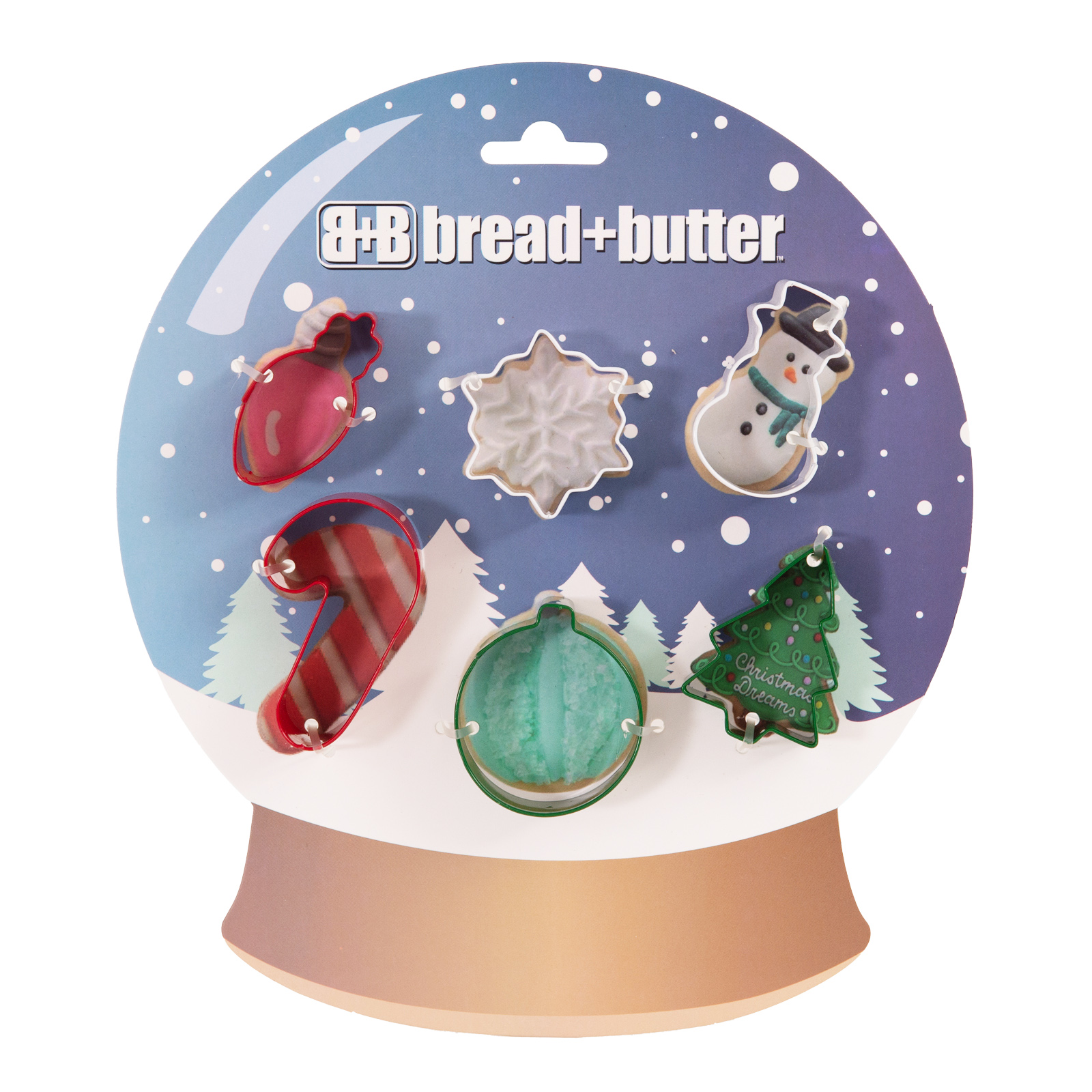 V160-10004463-195104-00 Bread and Butter Cookie Cutter - Globe, Flake, SnowMan, Cane, Sock, Tree - 6 Pk - Image 1