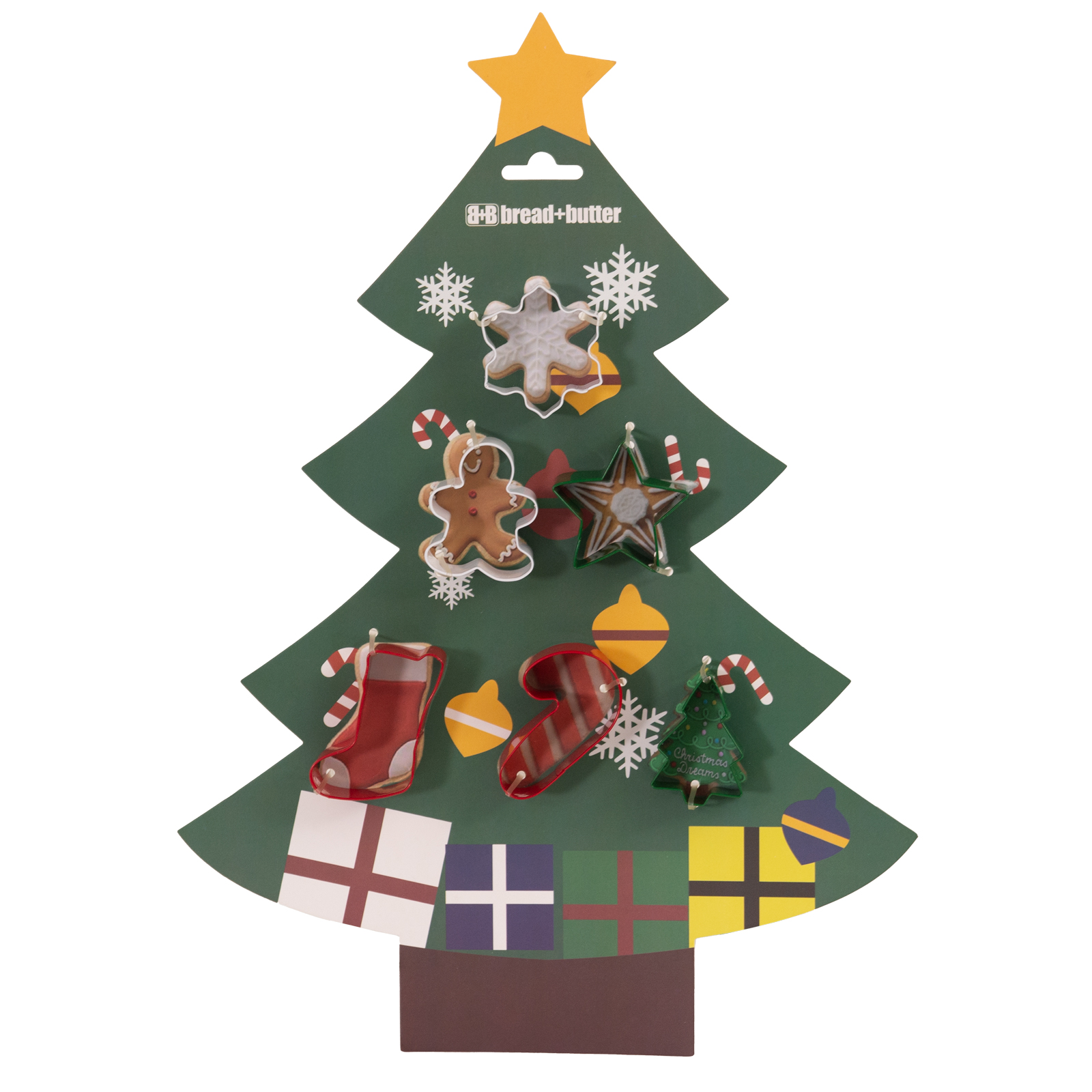 V160-10004464-195103-00 Bread and Butter Cookie Cutter Set - Tree, Sock, Gman, flake, Star, Candy - 6 Pk - Image 1