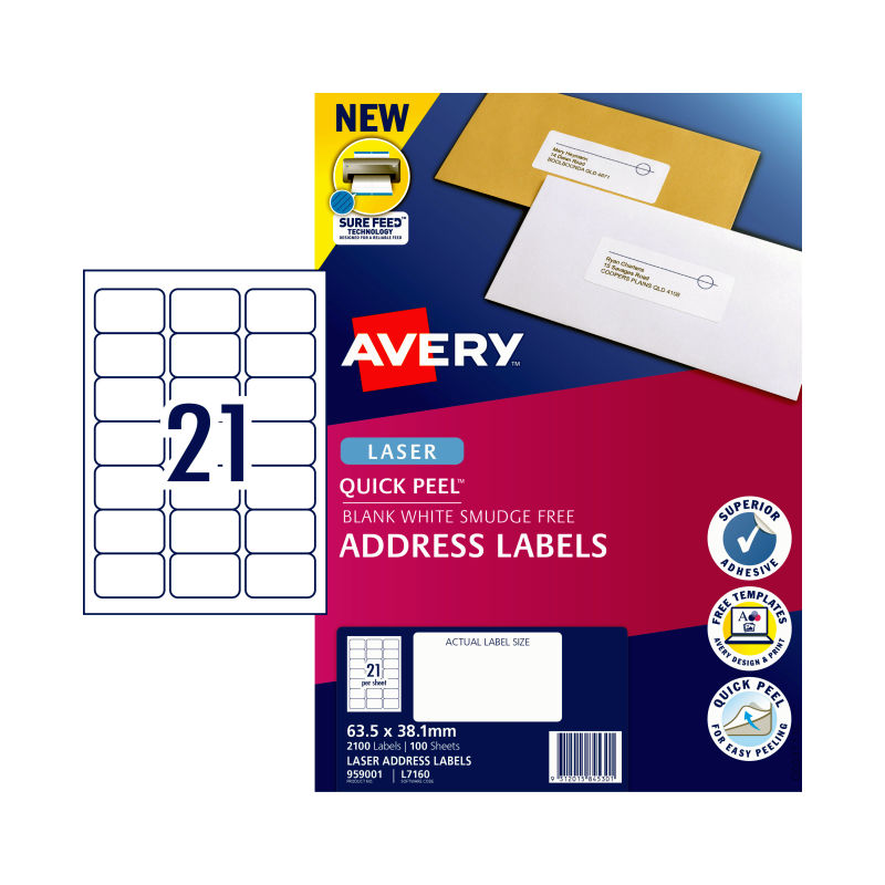 V177-D-AV959001-57891-00 AVERY Laser Label QP L7160 21Up Pack of 100 - Image 1