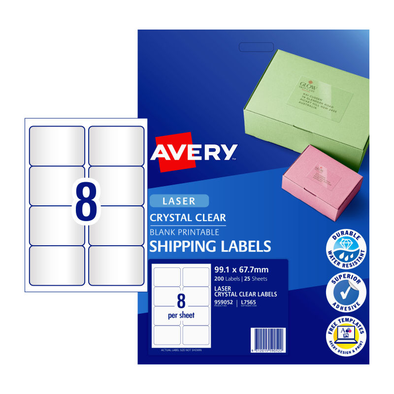 V177-D-AV959052-uc__40836-00 AVERY Laser Label Clear L7565 8Up Pack of 25 - Image 1