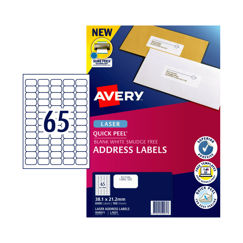 V177-D-AV959071-57915-00 AVERY Laser Label QP L7651 65L Pack of 100 - Image 1