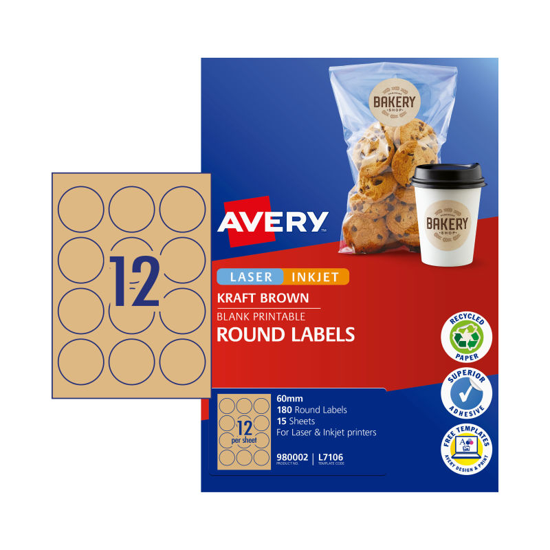 V177-D-AV980002-59769-00 AVERY Label Rd Brn 60mm 12Up Pack of 15 - Image 1