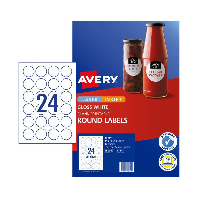 V177-D-AV980052-36761-00 AVERY Label Gls Rd L7147 40mm Pack of 240 - Image 1