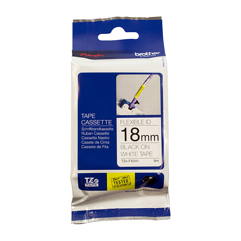 V177-D-BTZFX241_uc__47201_1 BROTHER TZeFX241 Flexible Tape 18mm Black on White TZE Tape - Image 1