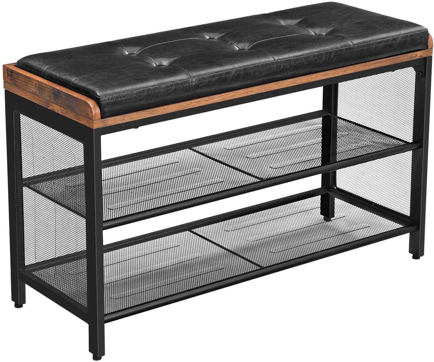 V178-11406_11406_1_kVT-8Szqw Shoe Bench with Mesh Shelf and Faux Leather Vintage Brown Black 80 x 30 x 48 cm - Image 1