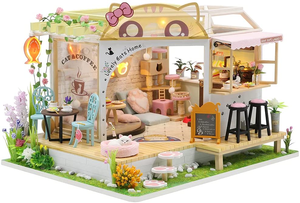 V178-13349_13349_1_3Kr6CfFXm Dollhouse Miniature with Furniture Kit Plus Dust Proof and Music Movement - Cat Coffee (Valentine's Day Gift Idea) - Image 1