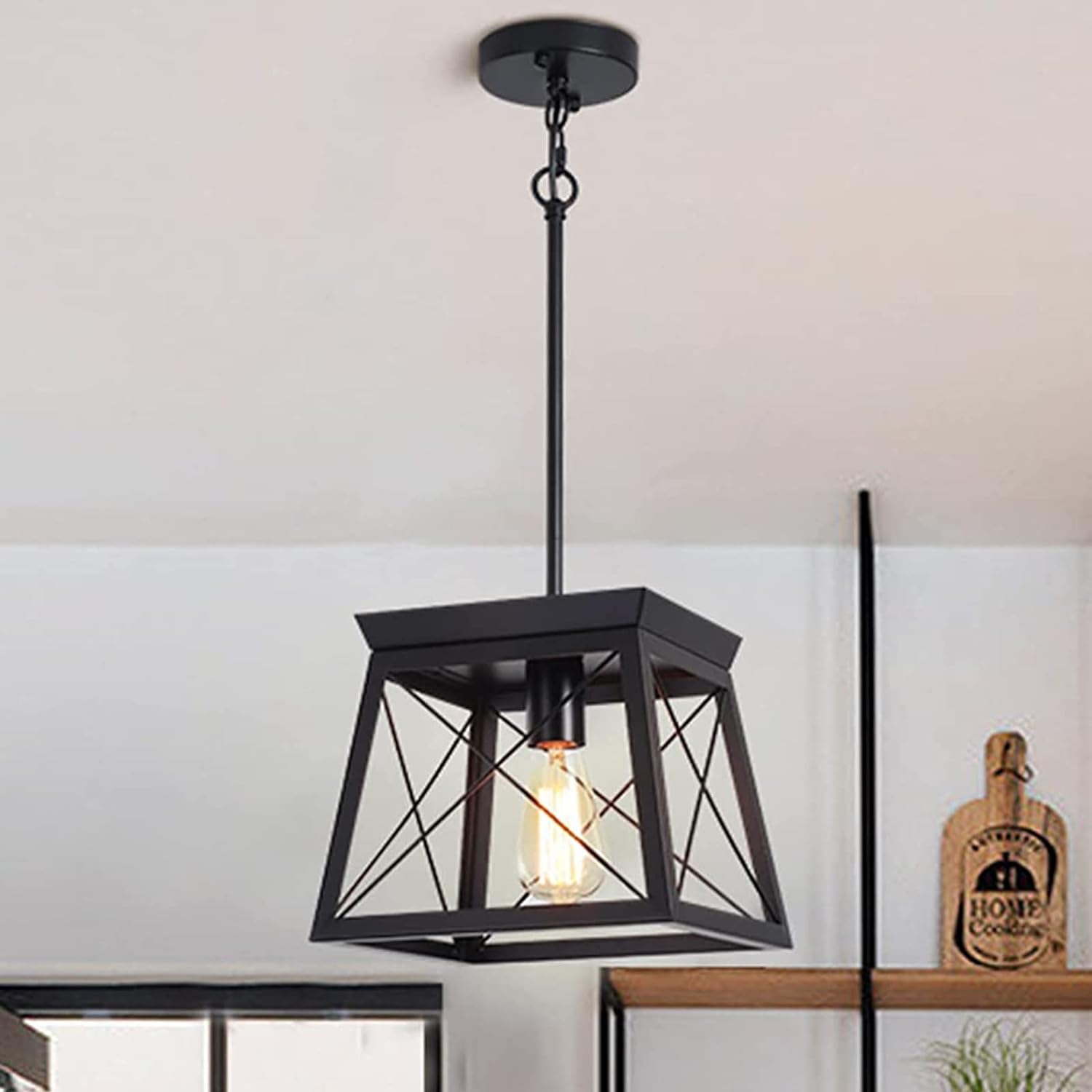 V178-23511-139767-00 Farmhouse Pendant Light Rustic Lantern Chandelier Black - Image 1