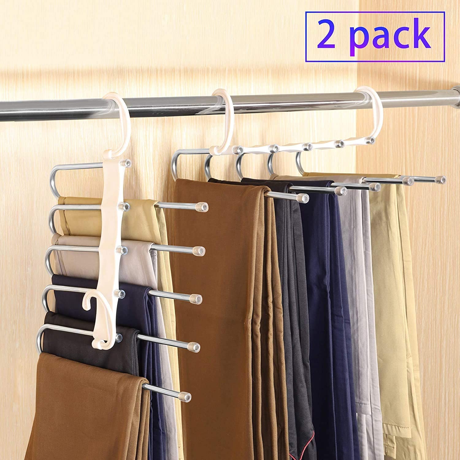 V178-29489-29489_1_KHK_9ZKlv-00 2 Pack Adjustable Multi-Layer 5 in 1 Pants Hanger for Wardrobe and Home Storage (White) - Image 1